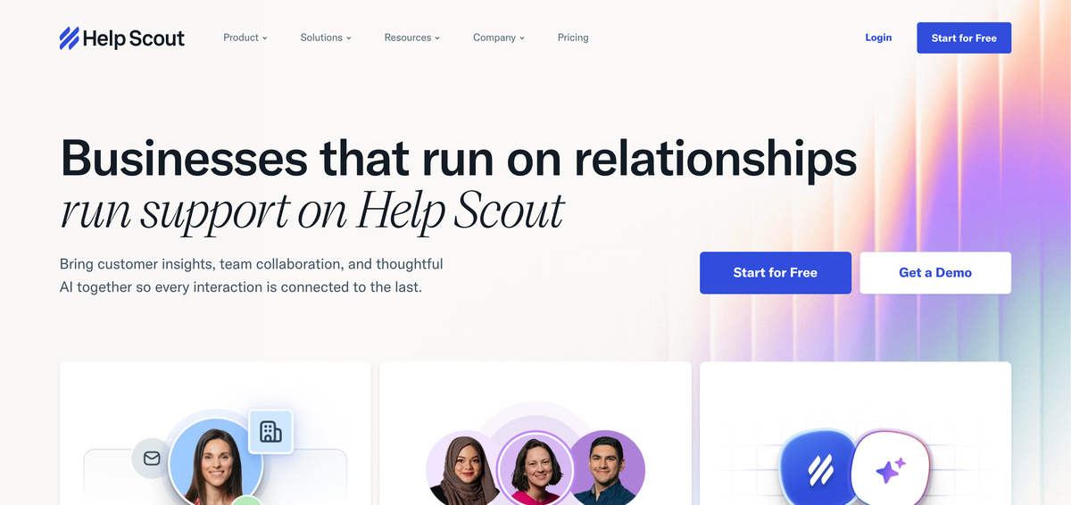Help Scout homepage: businesses that run on relationships run support on Help Scout
