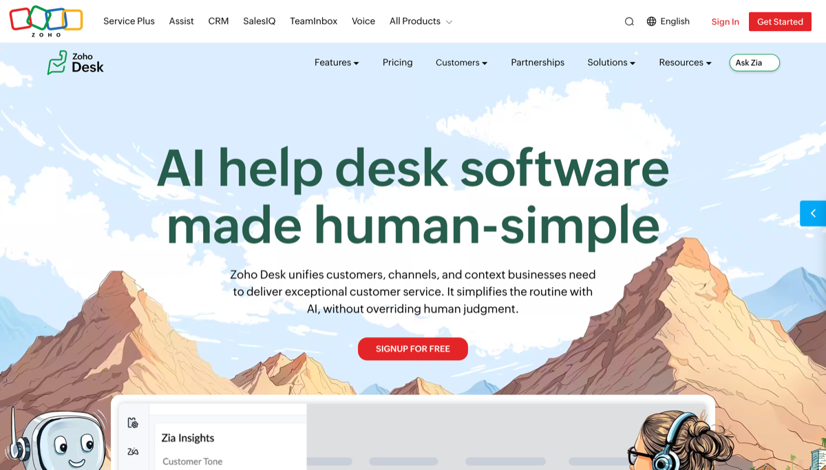 Zoho Desk's homepage in 2026