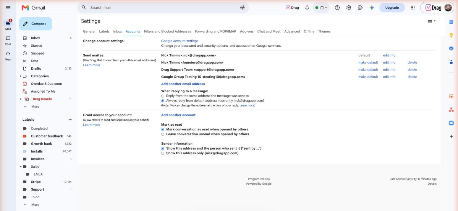 Gmail Accounts settings tab with the Grant access to your account section and Add another account link