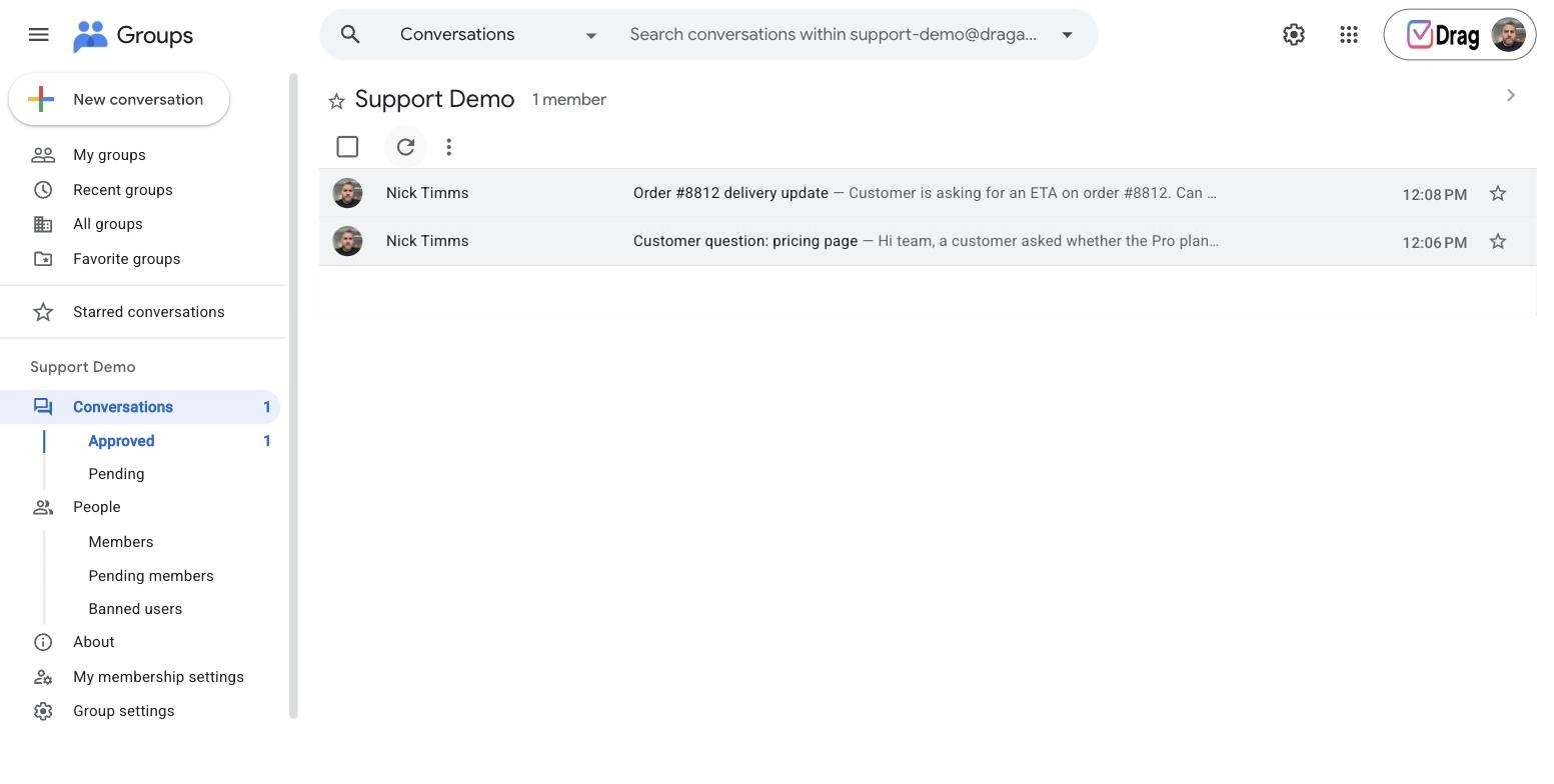 The Collaborative Inbox conversation list in the Google Groups interface