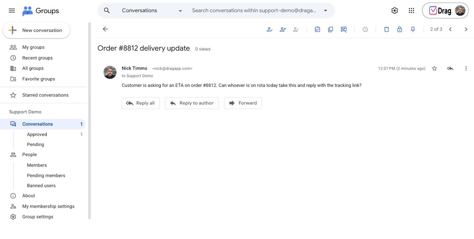 A Google Groups Collaborative Inbox conversation with take and assign controls