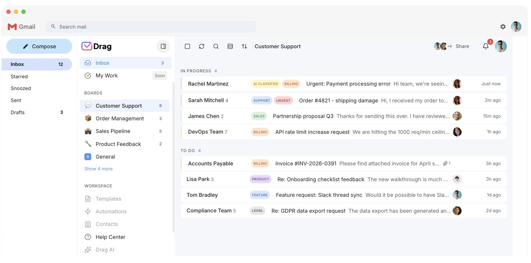 Drag shared inbox board view