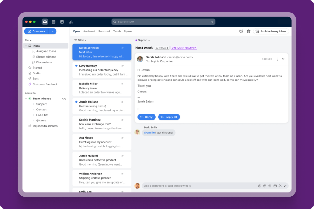 Front shared inbox with a team inbox list, assigned conversations and an open customer email