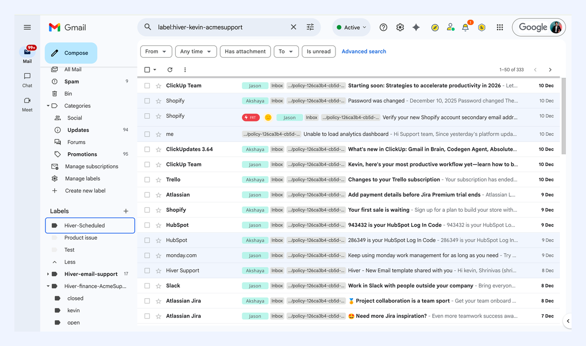Hiver shared inbox inside Gmail