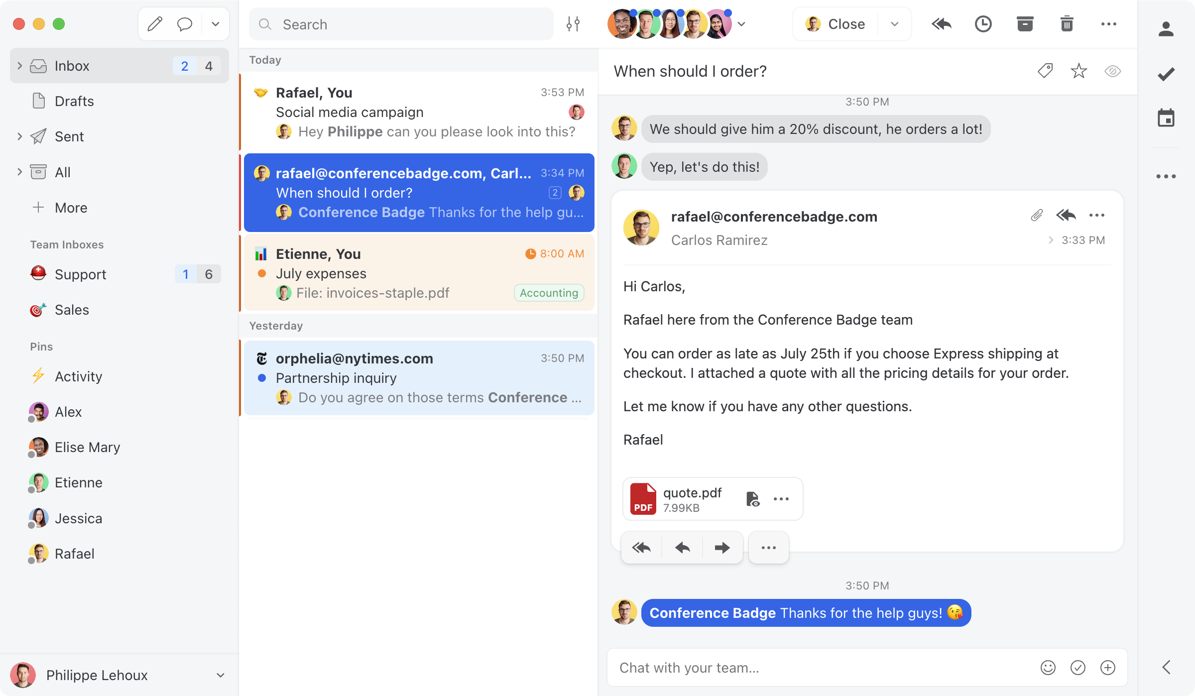 Missive collaborative inbox with in-thread team chat