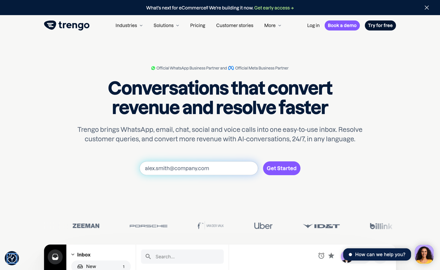 Trengo homepage: WhatsApp, email, chat, social and voice in one inbox