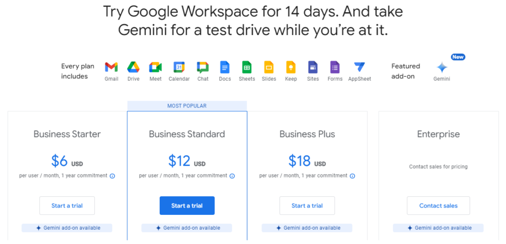 create a business gmail account pricing